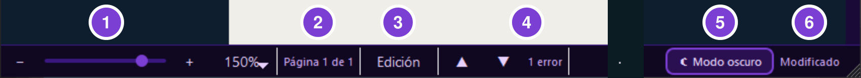 La barra de abajo de Pluma con sus seis partes numeradas