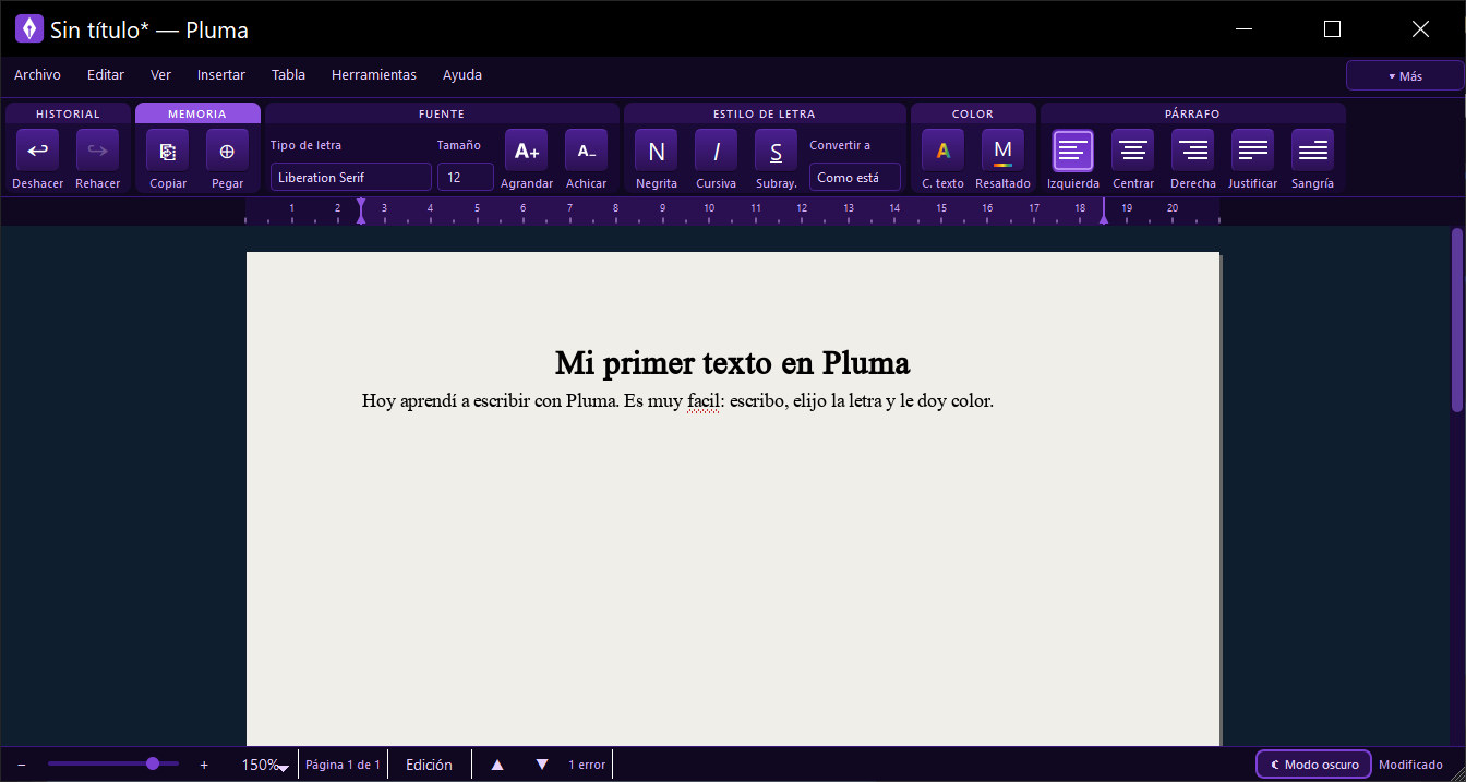 La palabra «facil» subrayada en rojo y, abajo, el aviso «1 error»