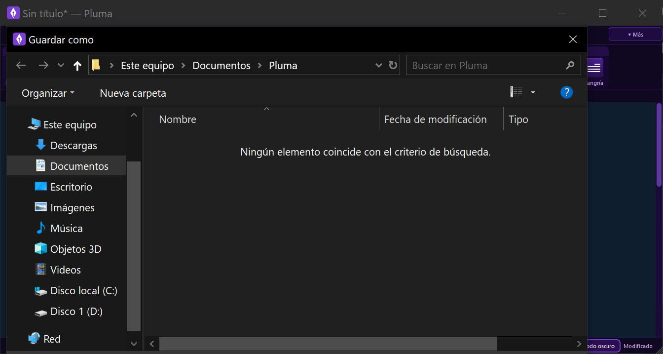 La ventana «Guardar como», en la carpeta Documentos, Pluma