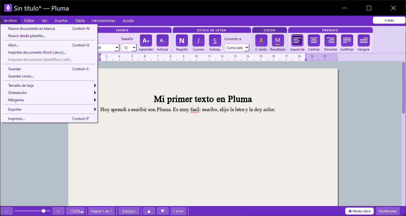 El menú Archivo abierto, con Guardar, Exportar e Imprimir